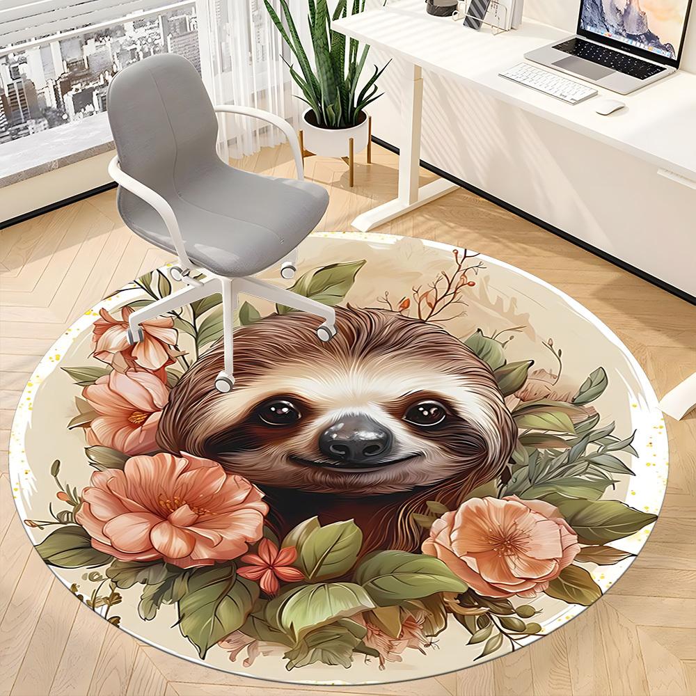 1pc Sloth Floral Print Carpet for Office Non-Slip, Round Carpet, Soft & Comfortable, Carpet for Office, Lightweight Round Floor Mat