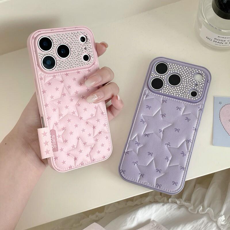 Luxury PU Leather Phone Case With Rhinestone Star Design IPhone 15 16 17 Pro Max Anti-Scratch Drop Protection