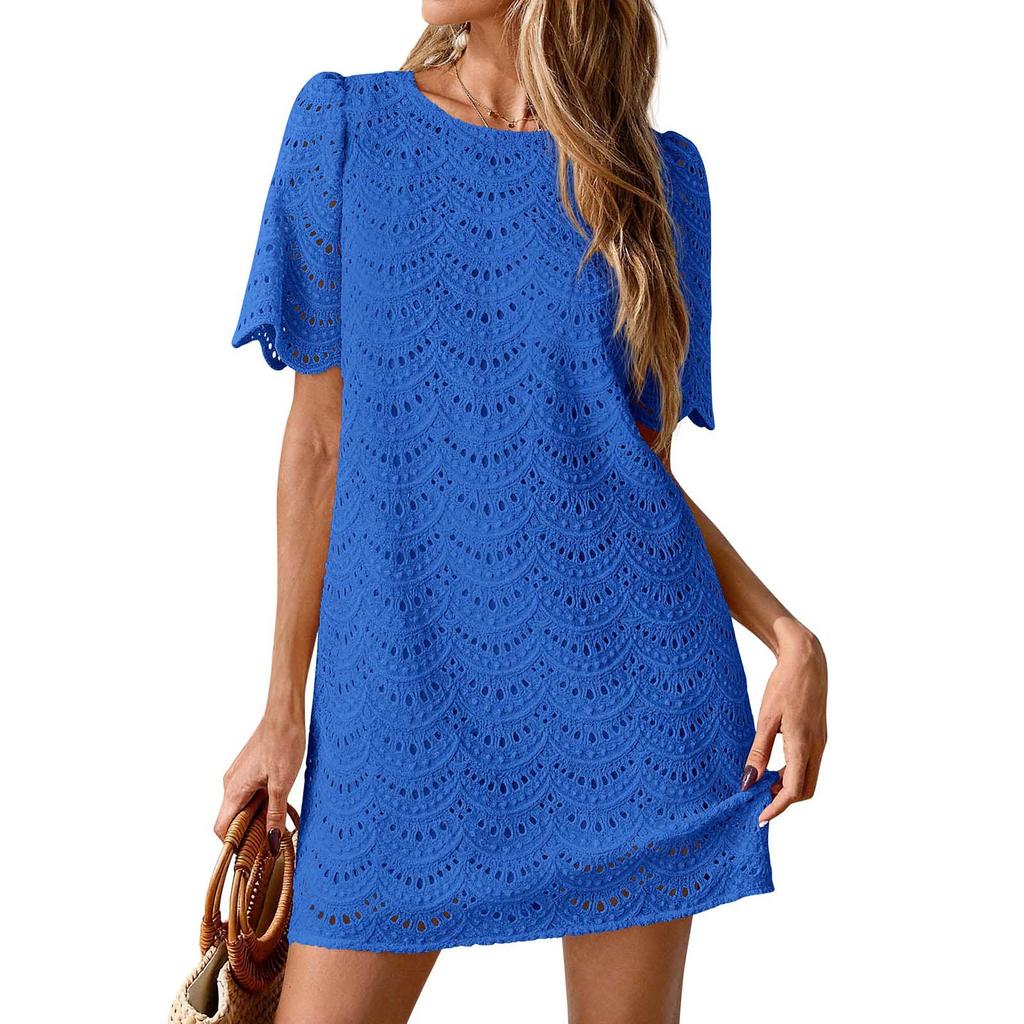 Summer Casual Short Dresses Embroidered Lace Short Sleeve Boho Dress Beach Vacation Clothes
