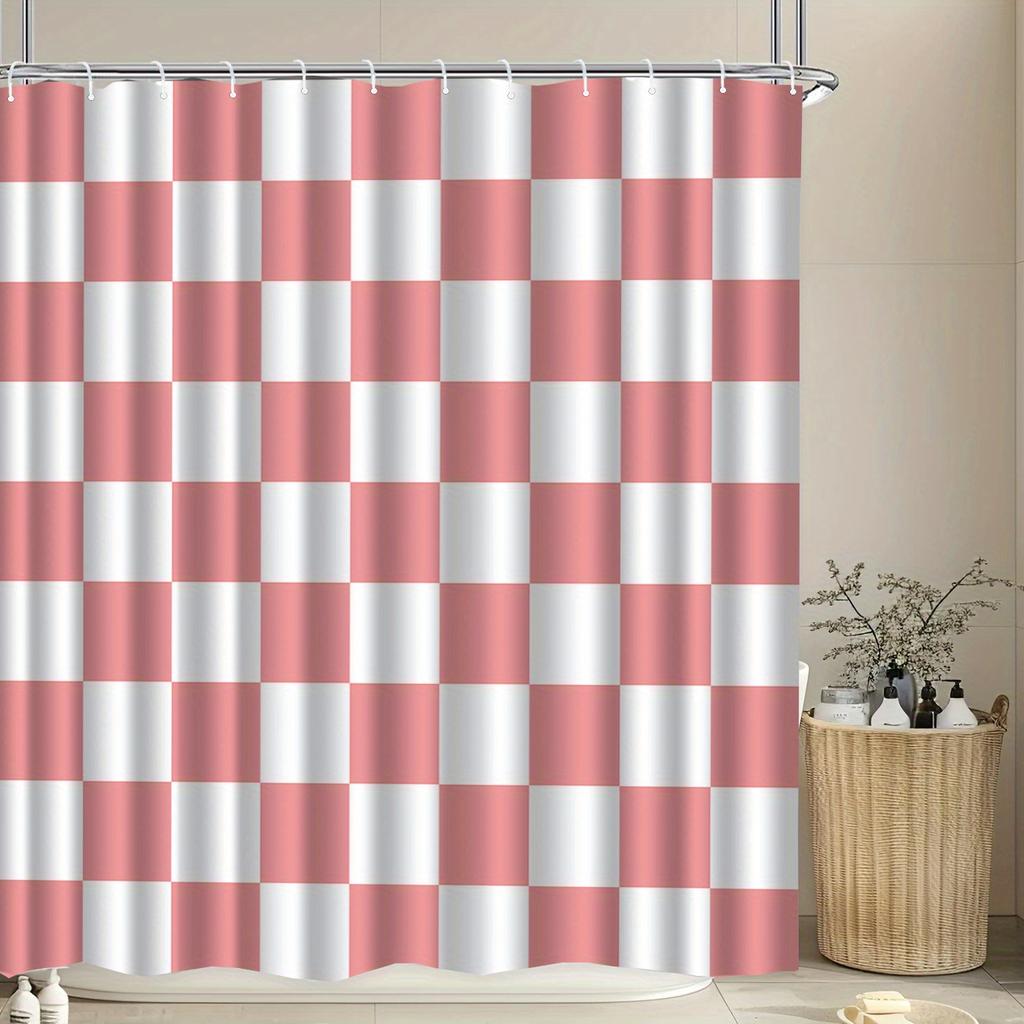 1pc Pink and white checkered shower curtain, polyester fabric, with hooks - machine washable, suitable for bathroom decor.