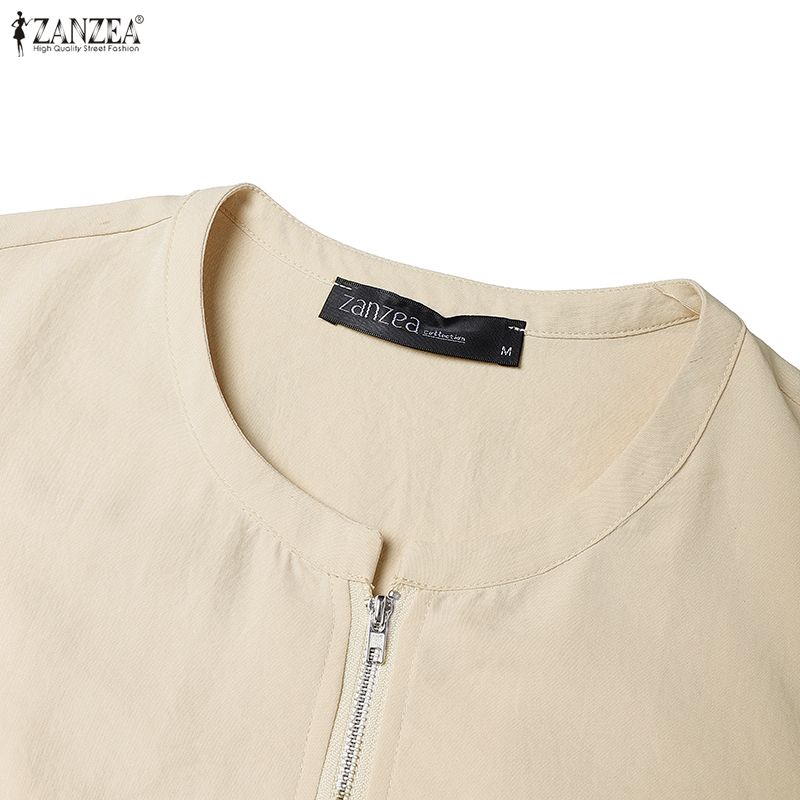 ZANZEA Vestido Largo Casual de Línea A con Manga Larga y Cuello Redondo para Mujer con Cremallera