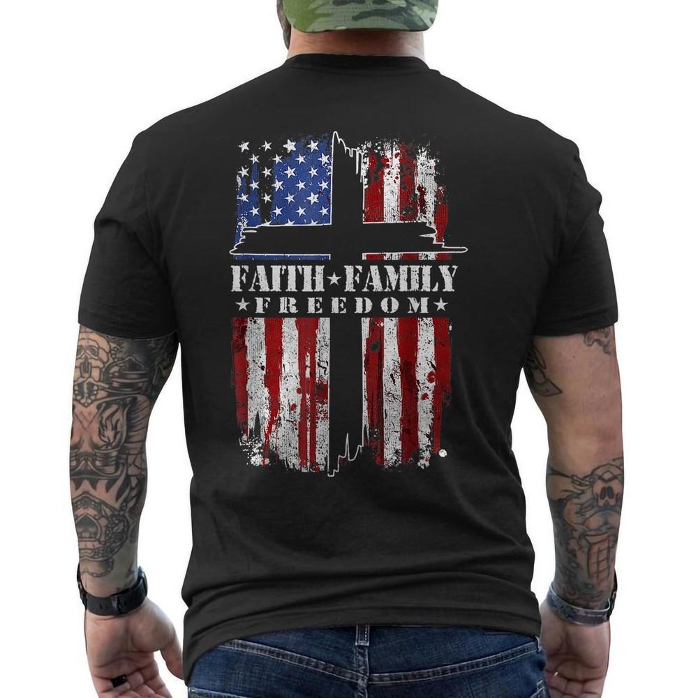 Vintage USA Flag Faith Family Freedom Patriotic Christian ON BACK Unisex T-Shirt