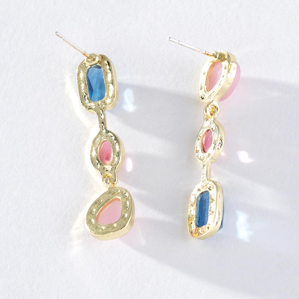 Pinkdudu Romantisk 3-farger rhinestone kobber dråpe øredobber mote rosa blå asymmetrisk lang øredobber for kvinner smykker PD1313