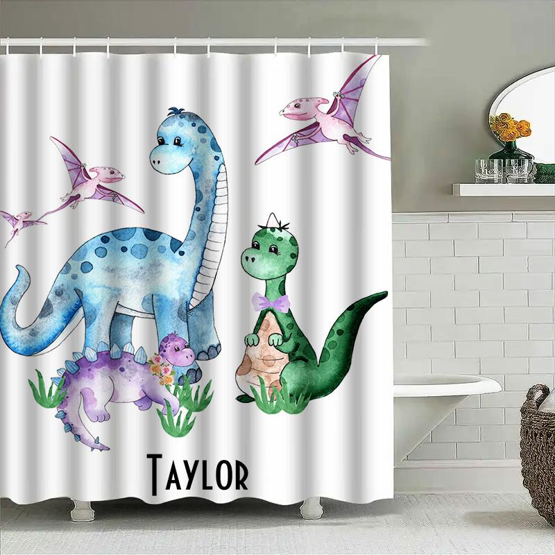 Adorable Dinosaur Shower Curtain Set For Kids Bathroom Decor Name Inclusion Available