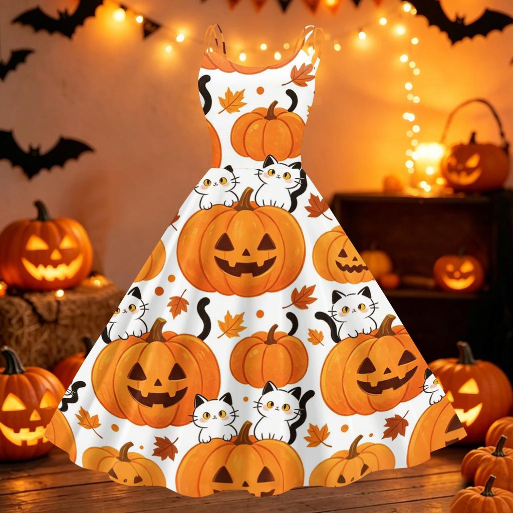 Women Halloween Print Off Shoulder Dress Punk Vintage Style Sleeveless Spaghetti Strap Midi Dress with Flared Skirt for Party