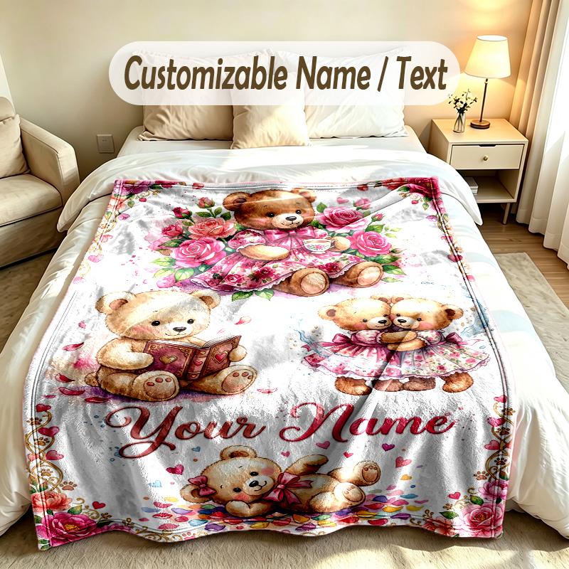 Teddy Bear Theme Custom Blanket Personalized Name & Text Customized Soft Warm Throw Blanket Home Decor
