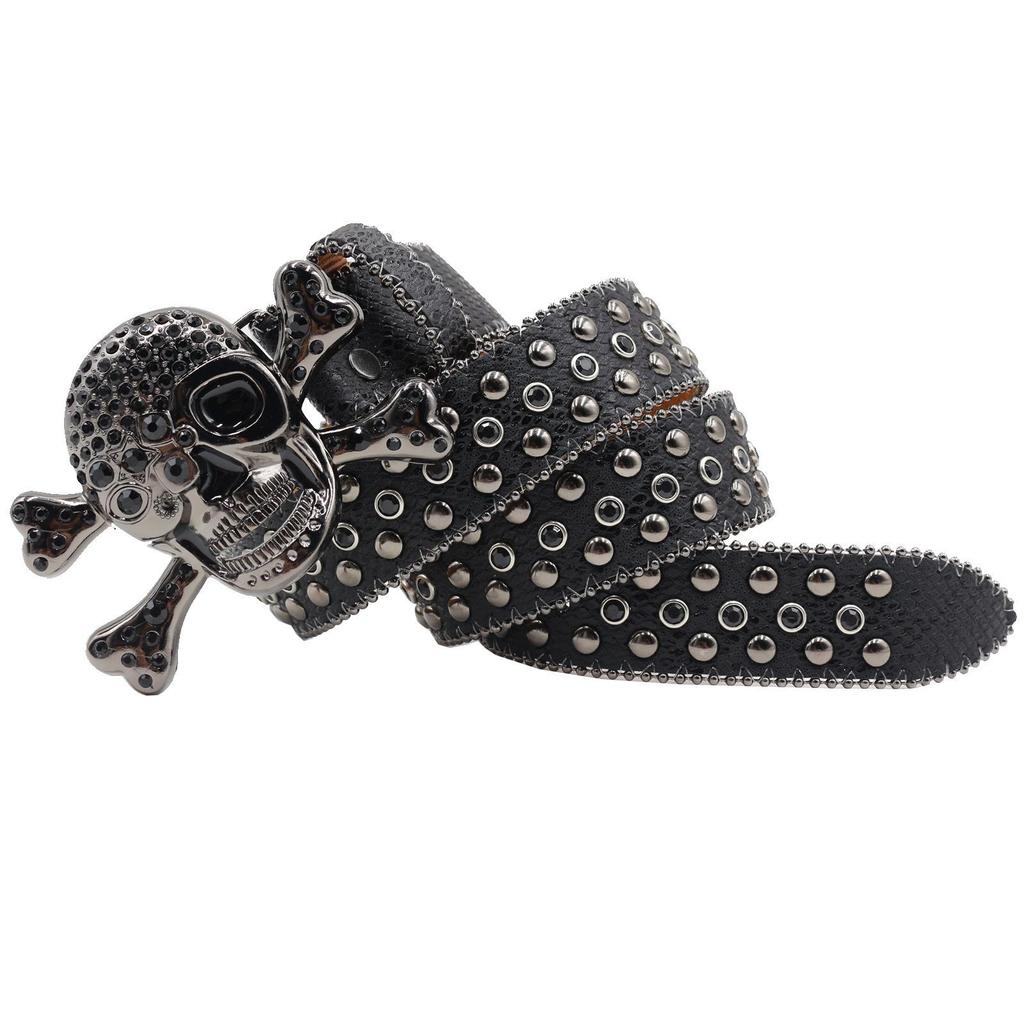 Retro Snake Print Rhinestone Skull Buckle Unisex Jeans Belt - Hip Hop Punk Fashion