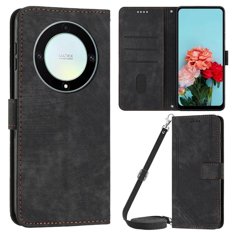 

For Honor X9a 5G / X40 5G / Magic5 Lite 5G Wallet Leather Phone Cover Lines Imprinted Stand Case with Straps