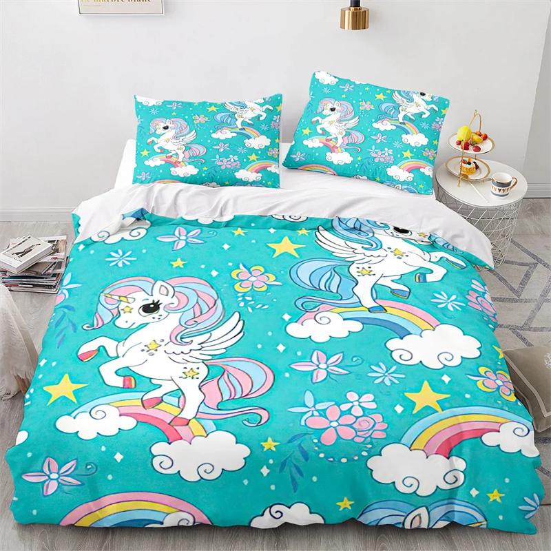 Unicorn Duvet Cover Set Cartoon Galaxy Rainbow Colourful Unicorn Cute Romantic Theme For Kids Girls Polyester Comforter Cover