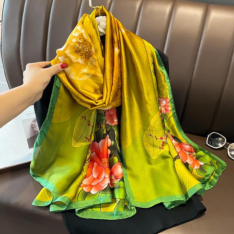 Painting Floral Design 100% Silk Feeling Scarf For Women 180X90Cm Shawl Wraps Luxury Female Hijab Headband Foulard Beach Stoles