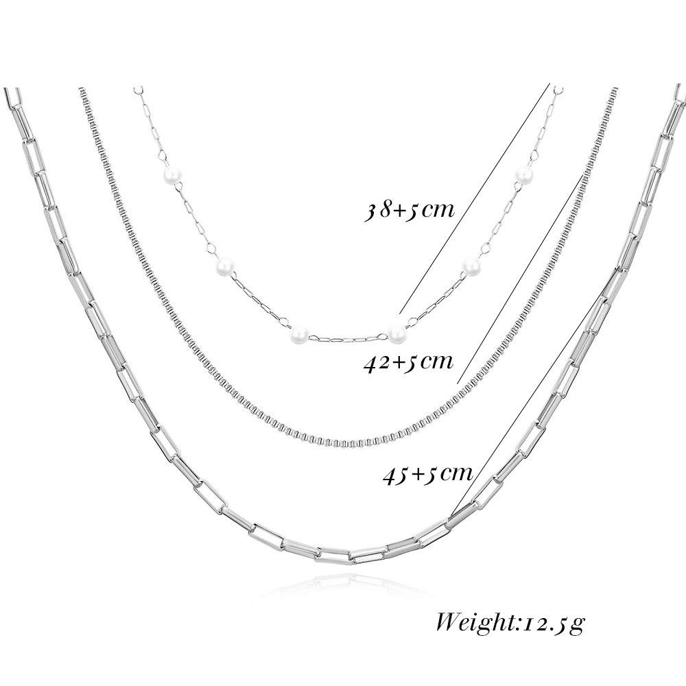 18K Gold Triple-Layer Chain Necklace with Pearl Accent - Stylish Stainless Steel Design for Women