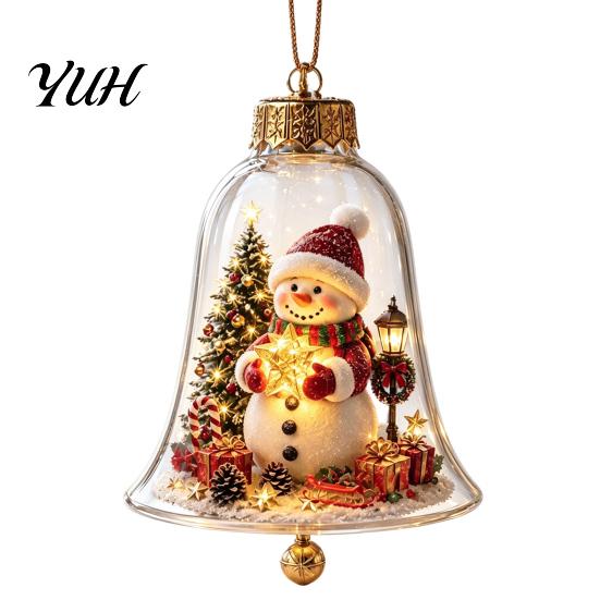 Vintage Christmas Tree Decor 3D Bell Ornament, Winter Scene Clear Decoration with Santa Holiday Home Atmosphere Enhancements Snowman Reindeer