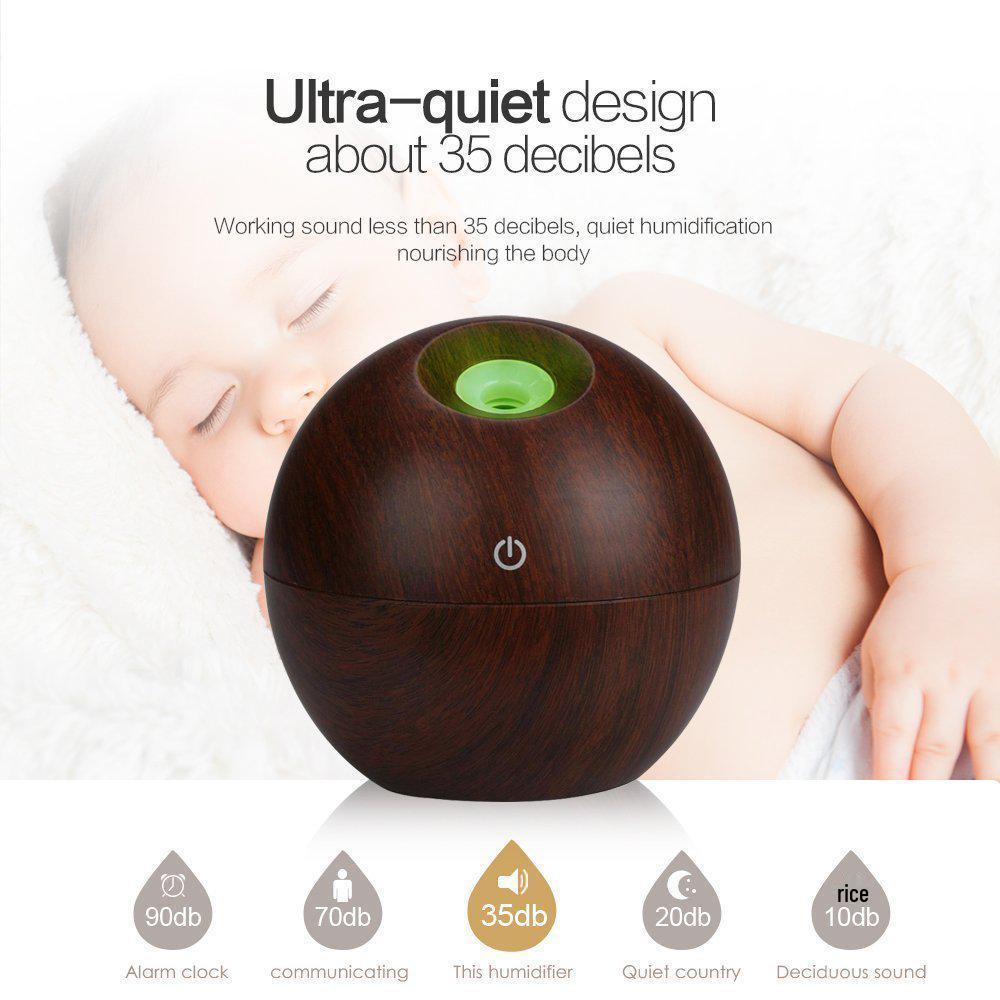 USB Mini Wooden Grain Spherical Air Humidifier & Seven-Color Aroma Diffuser Gift.