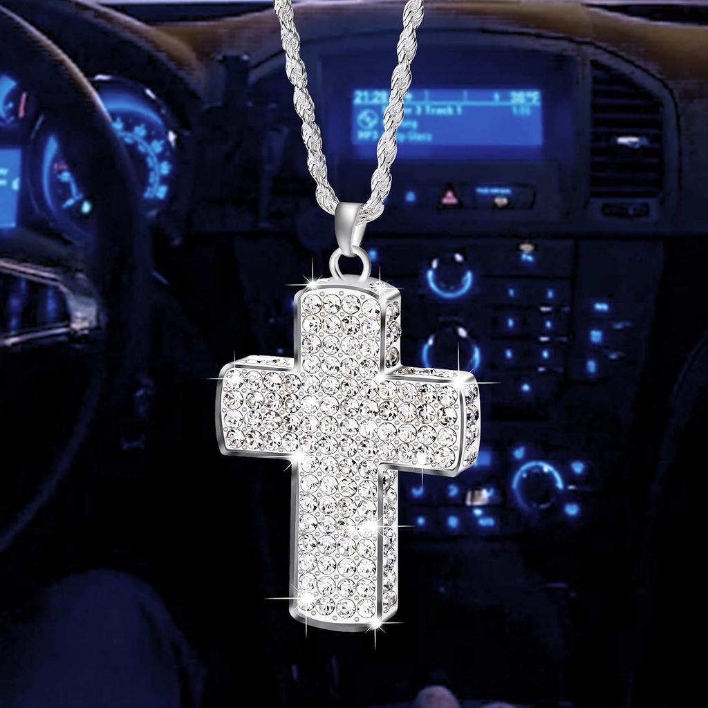 PAGOW Bling Double-Sided Cross Car Accessories for Women - Crystal Diamond Metal Rearview Mirror Pendant - Cute Vehicle Interior Decor