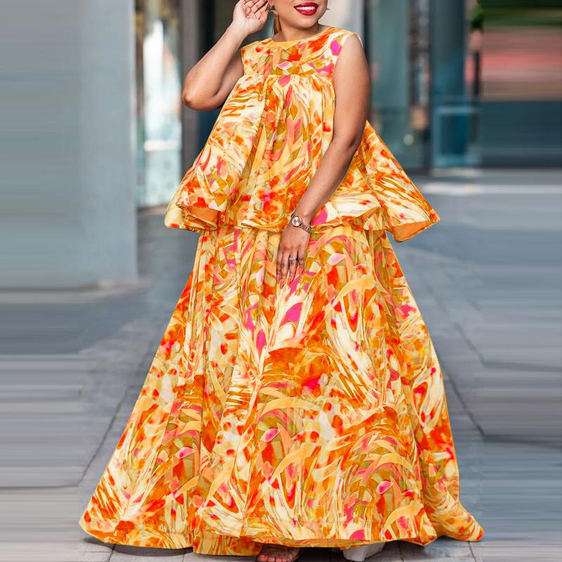 

Женский свободный комплект из топа и юбки трапециевидного силуэта большого размера без рукавов с принтом и круглым вырезом L оранжевый