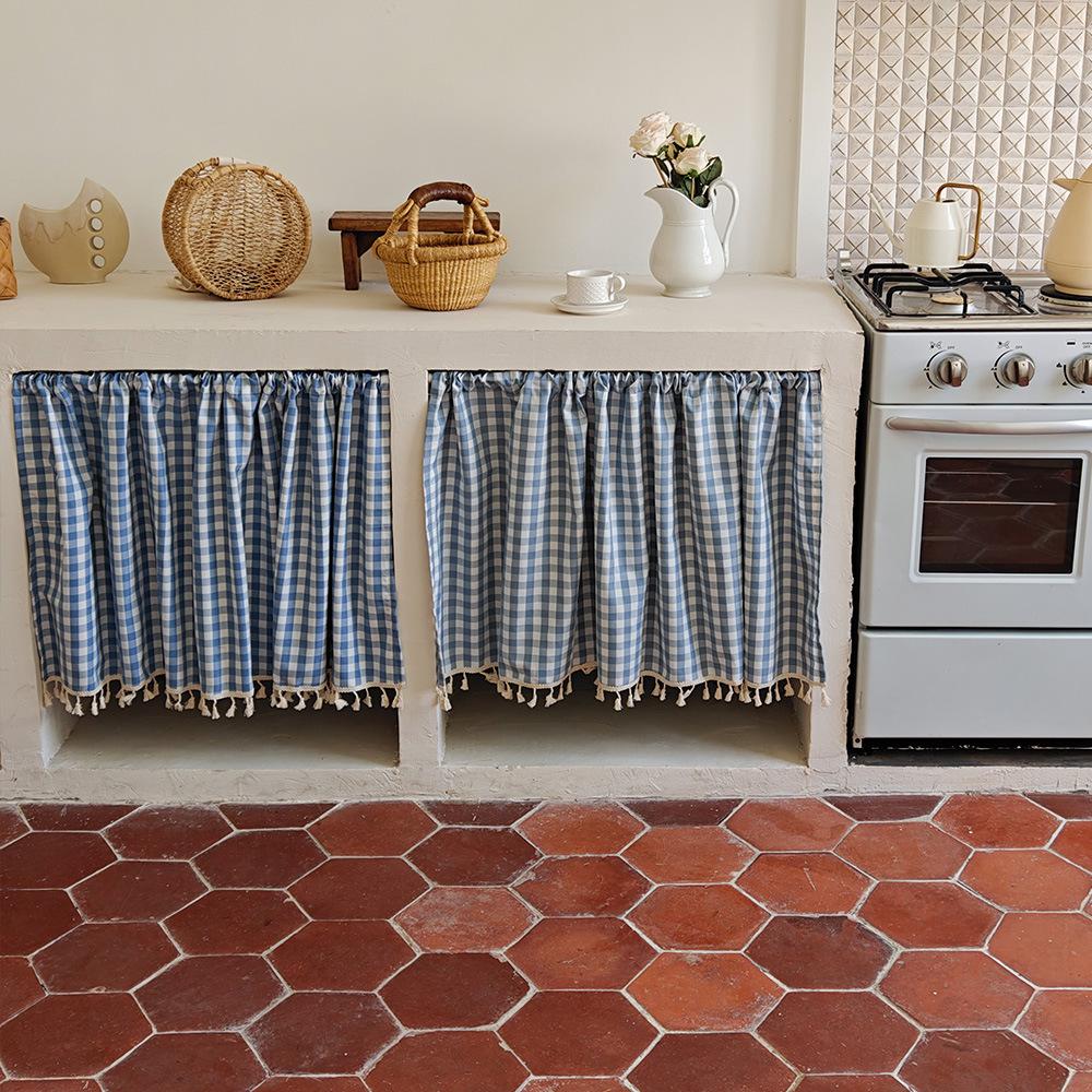 Fresh pastoral small lattice half curtain fabric floating curtain cabinet curtain coffee curtain door curtain partition curtain