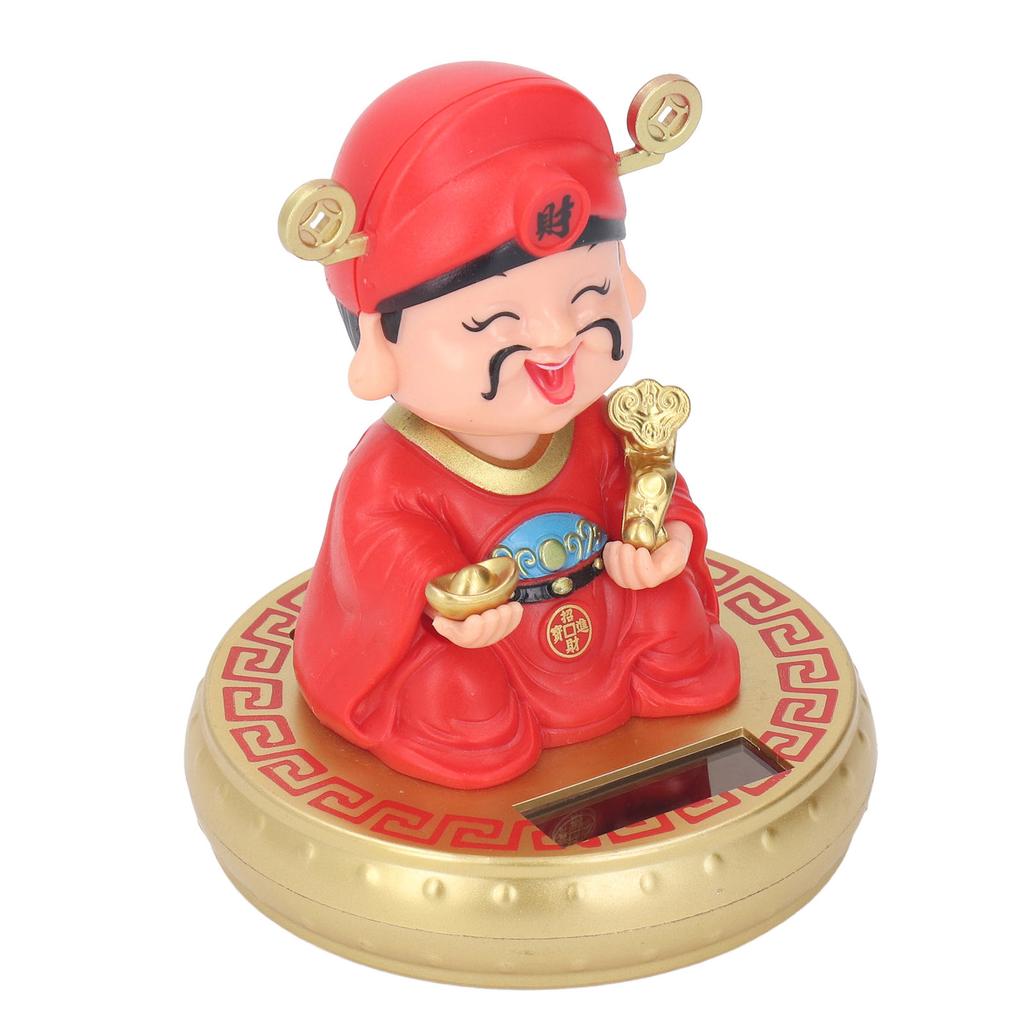 God of Wealth Figurine Solar Powered Automatic Nodding Durable Plastic Cai Shen Statue for Home Car