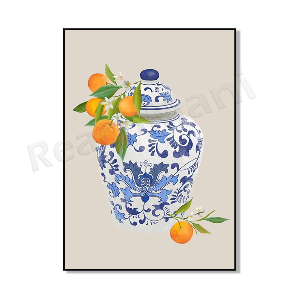 Ginger Jar Art Orange Wall Art Poster, Blue Chinoiserie Vase, Academic Wall Art, Traditional Asian Vase Print, Ginger Jar Print