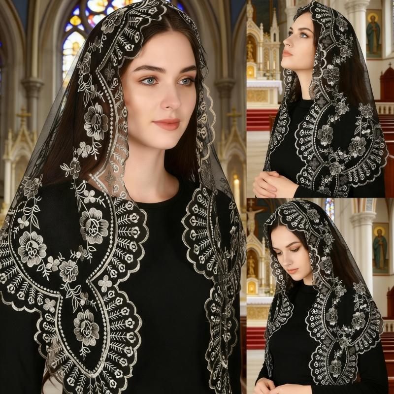 Elegant Lace Embroidered Floral Head Scarf For Church Prayer And Religious Ceremonies Soft Polyester Religious Scarf