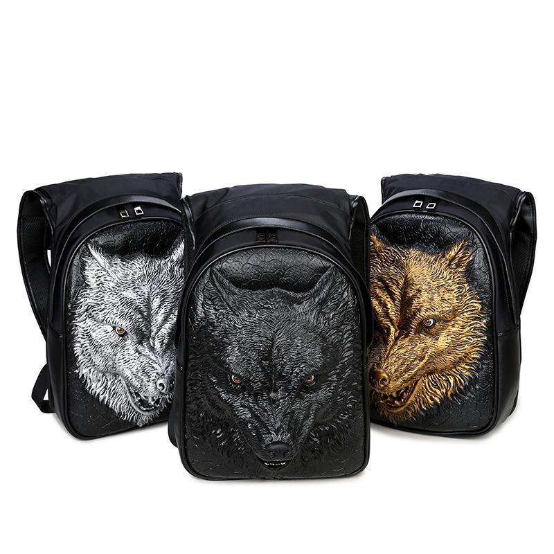 3d black wolf pu leather backpack