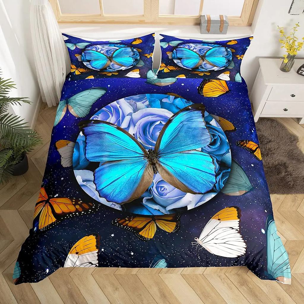 Rose Flowers Duvet Cover Set Butterfly Garden Bedding Sets Girls Women Floral Fresh Nature Blooming Rose Comforter Cover 3 Pcs