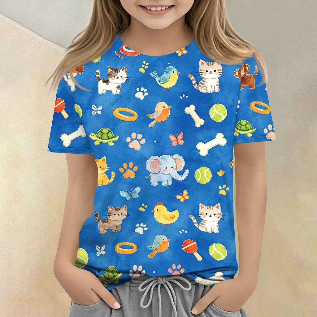 Kids Animal Print Crew Neck Short Sleeve Casual Loose Fit T Shirt Top Soft Comfortable Fabric Suitable for Daily Wear and Playtime