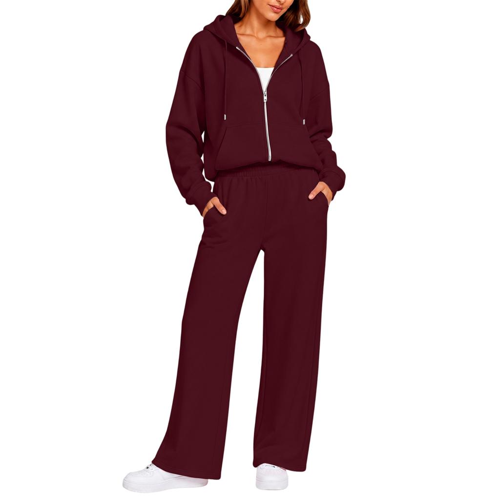 Completo Casual da Donna a Due Pezzi con Cardigan con Zip e Cappuccio e Pantaloni a Gamba Larga