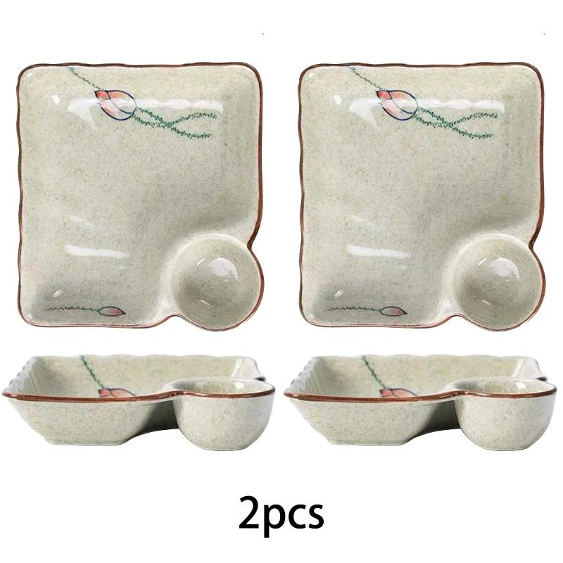 1pcs Rectangular Ceramic Dinner Plates- Divided Plates and French Fry Plates with Built-in Sauce Dishes, Ideal for Dumplings