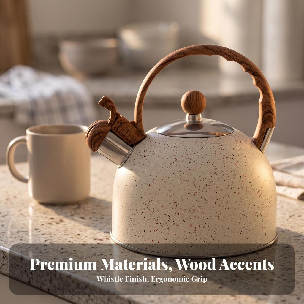 Stainless Steel Singing Tea Kettle | HeatResistant WoodGrain Handle, with Whistling