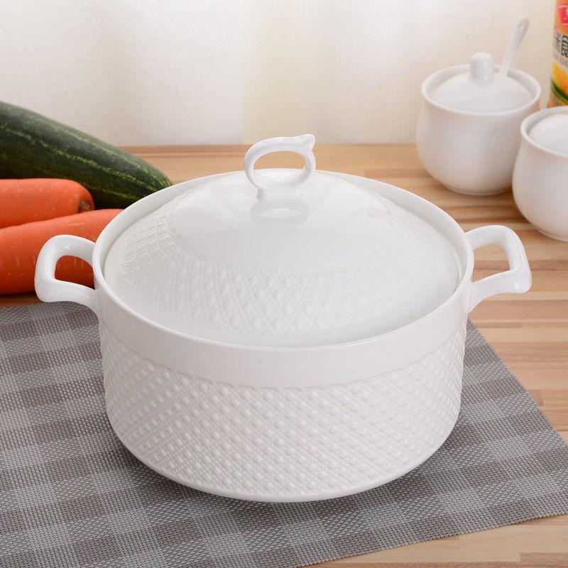 

Ceramic Double-Ear Covered Stew Pot - Large Capacity, Pure White, Microwave Safe Bowl for Soups and Rice.