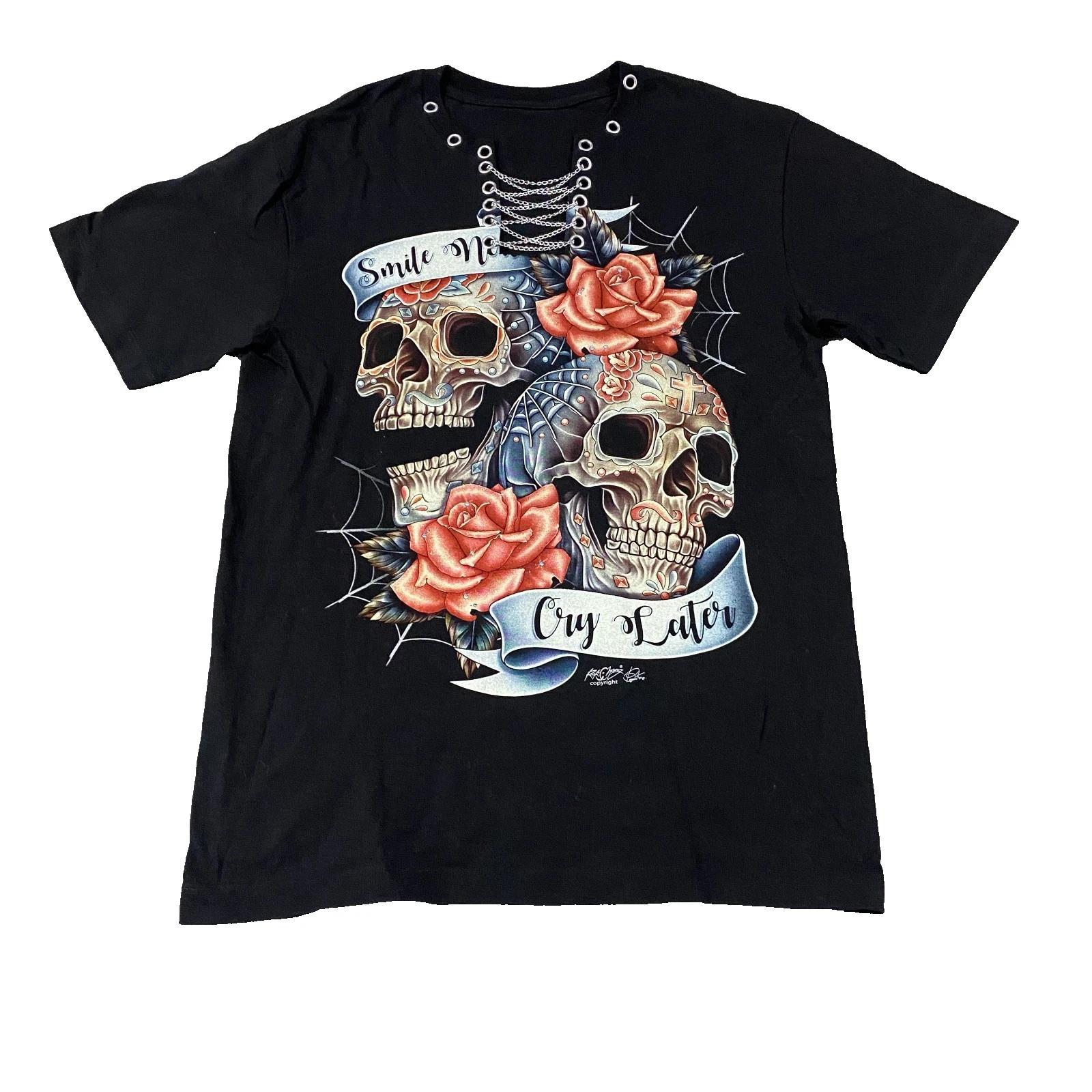 

Футболка Rock Chang с графическим принтом Череп и Роза L Черный Металлическая Цепь Шнуровка Y2K Панк 3XL