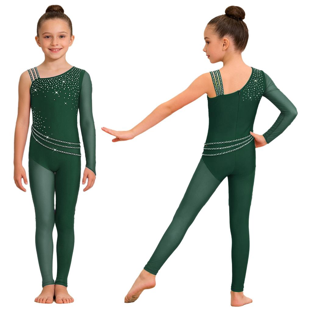 Girls Figure Skating Gymnastics Jumpsuit Asymmetrical Design Back Invisible Zipper Mesh Patchwork Sparkly Rhinestones Bodysuit for Competition