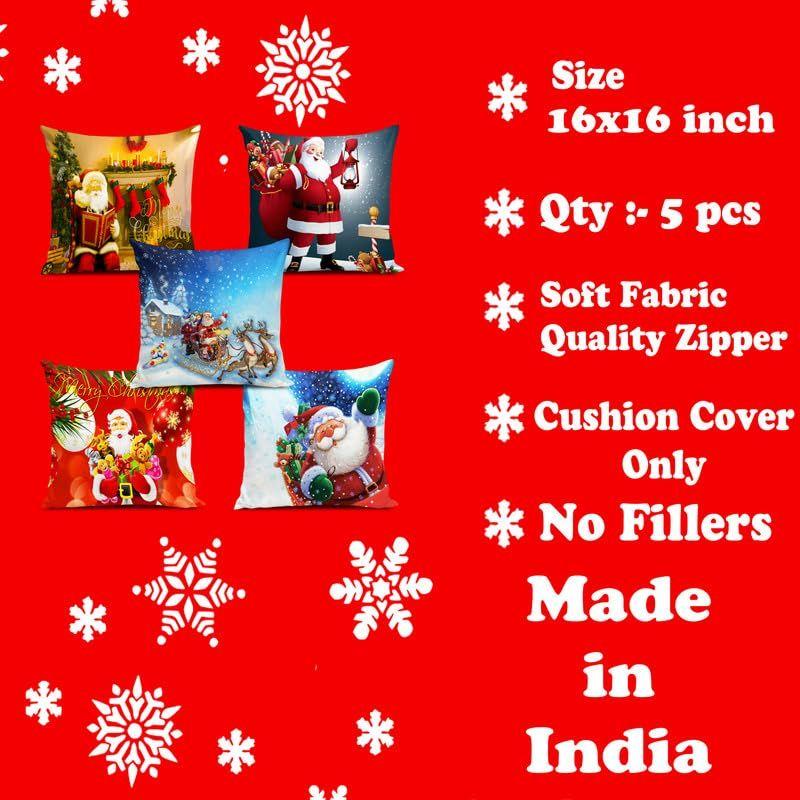 Soft Fabric Designer Decorative Printed Merry Christmas Theme Cushion Cover Xmas Decorations for Sofa Living Room Set of 5 16 X 16 Inch Multi