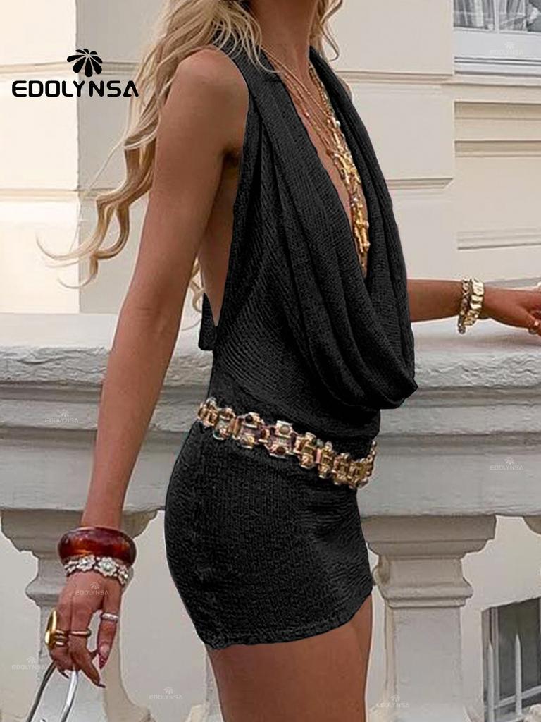 Seksowna sukienka mini plażowa z dzianiny bez rękawów i z odkrytymi plecami z głębokim dekoltem V i błyszczącego jedwabiu 2025 Damska letnia odzież plażowa Sukienki na imprezę K145