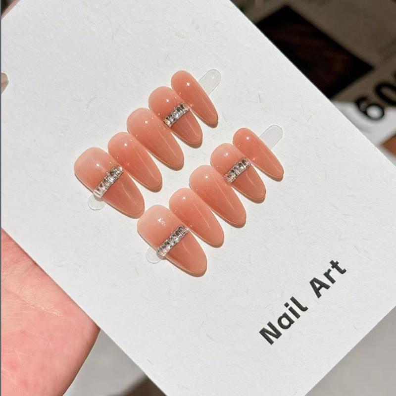 10Pcs Nude Almond Press On Nails with Rhinestone Band - Reusable Natural Fake Nails for Daily Wear XS