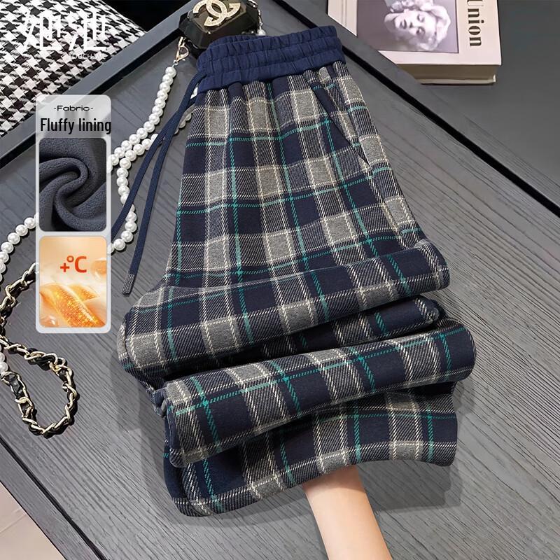 

Women s Fleece-Lined Plaid High-Waist Winter Pants L