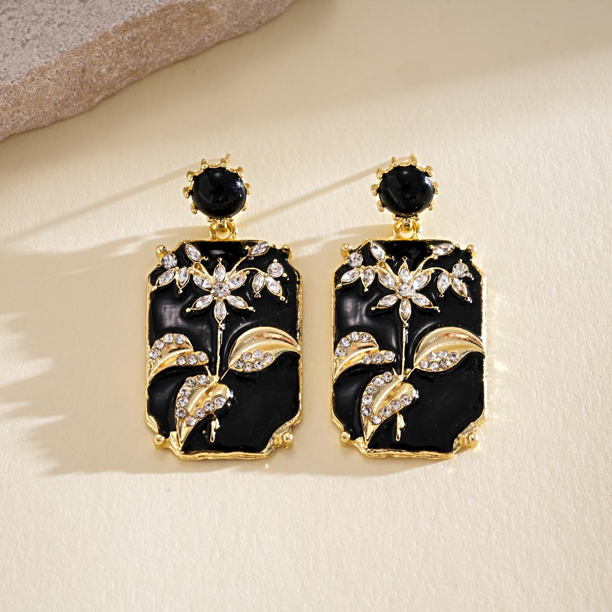 Vintage Enamel Rhinestone Flower Leaf Earrings Women Square Silver Needle Studs Niche Premium Ear Jewelry Gift