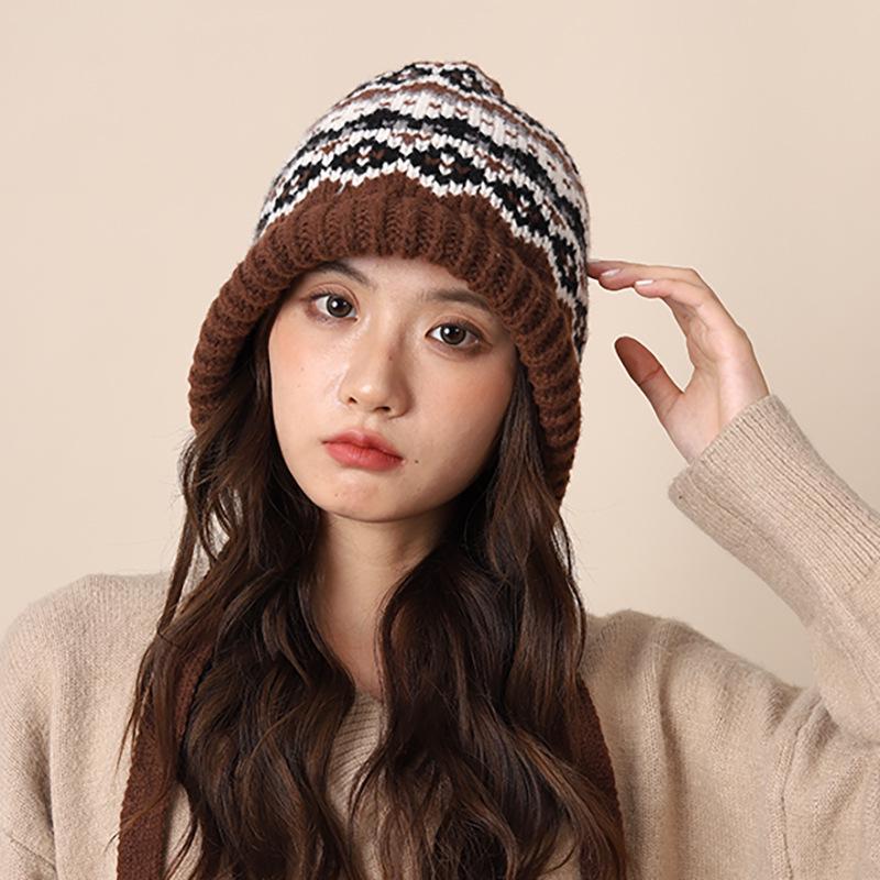 Women's Retro Fair Isle Knitted Balaclava Hat - Warm Wool Ear Protection