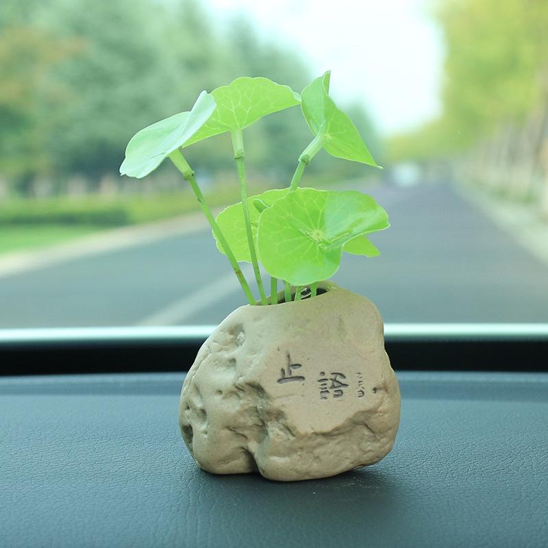 Car Ornoments Creative Simulation Plant Coppery Herb Zen Potted Stone Decoration Solid Ointment Luxury Cars Interior Accessories