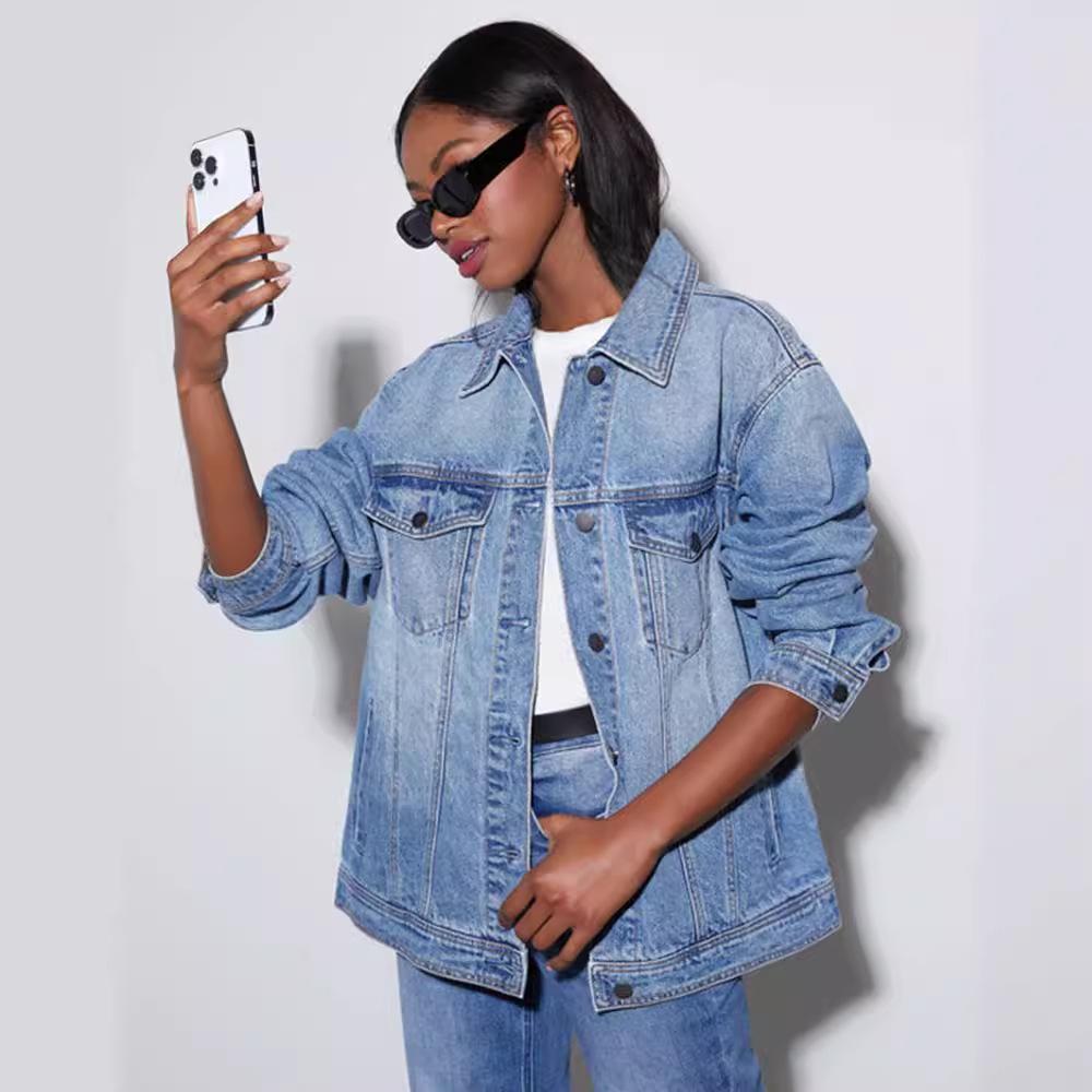 

Весна и осень Женская джинсовая куртка больших размеров Повседневная свободная куртка XL синий