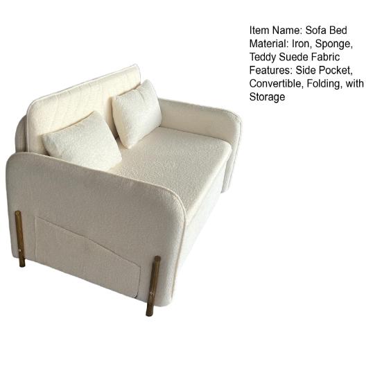 Divano Letto Convertibile 3 in 1, Divanetto Sleeper in Bouclé con Letto Estraibile e Cassetto, Divano Letto con Tasche Laterali, 2 Cuscini, Porte USB e Dorato