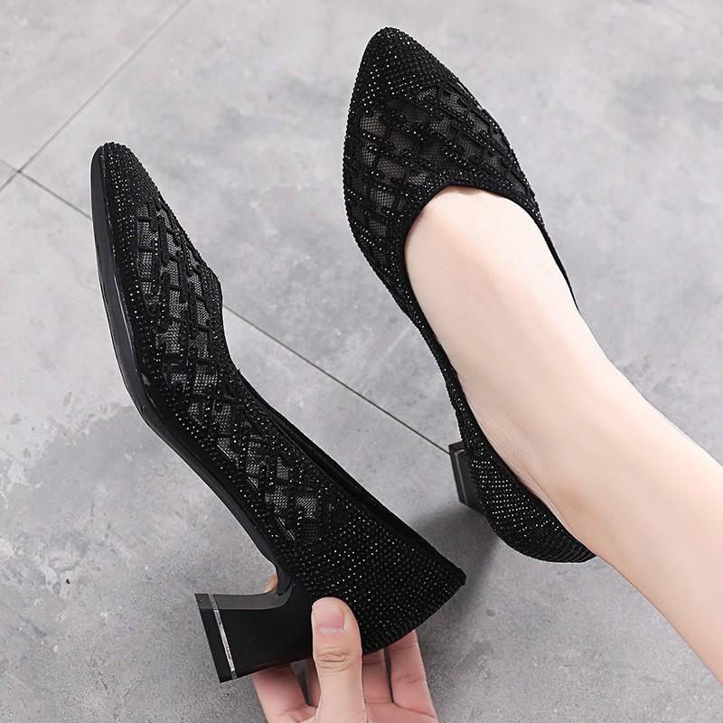 2025 Summer Rhinestone Mesh Pointed-Toe Mid-Heel Sandals with Skirt, Women's Fashion Shoes
