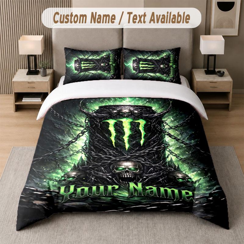 Set Biancheria da Letto Personalizzato Modello Monster Energy, Stampa Nome Testo 1 Copripiumino più 2 Federe Tessile per la Casa