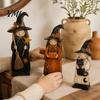 Festival Atmosphere Decorative Accents Wooden Witch Ornament, Retro Halloween Figurine with Broom/Pumpkin/Black Hand Painted Black Cat Cat,