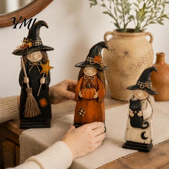 Festival Atmosphere Decorative Accents Wooden Witch Ornament, Retro Halloween Figurine with Broom/Pumpkin/Black Hand Painted Black Cat Cat,
