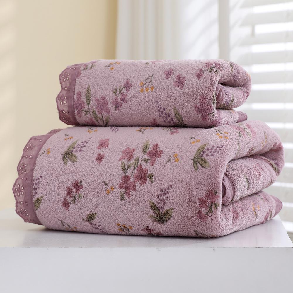 Floral Coral Fleece Bath Towel Set - Thick, Soft, and Super Absorbent with Lace Detailing