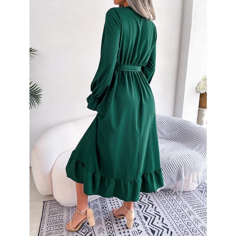 Women's Autumn-winter Style V-neck Lace Pinched Waist Long Dress