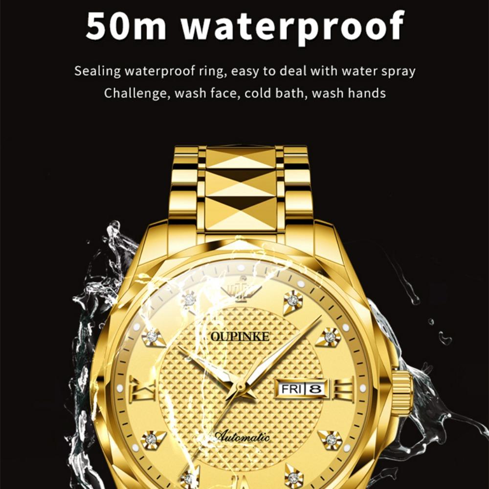 OUPINKE Men's Watch Automatic Mechanical Watch Stainless Steel Business Double Calendar Waterproof High-end Watch