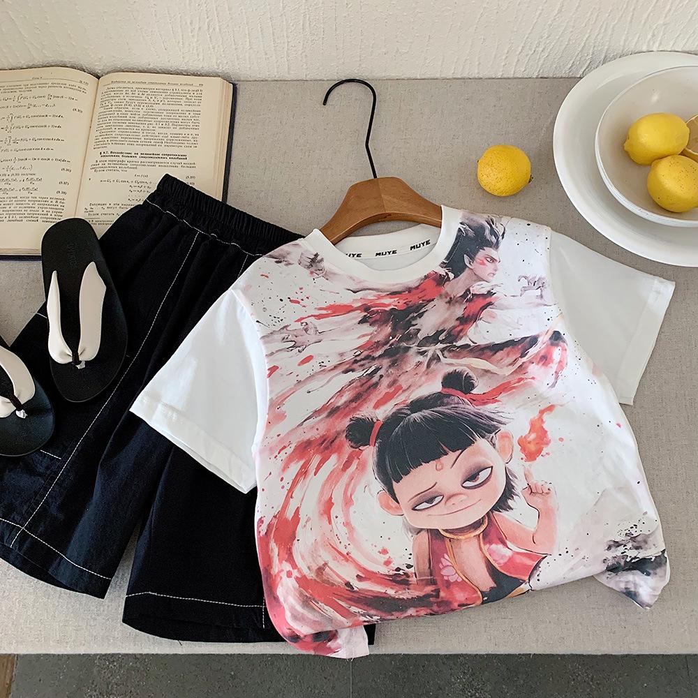 

Детская мультяшная футболка с коротким рукавом из чистого хлопка - Модный пуловер в корейском стиле 2025 для мальчиков 90 cm