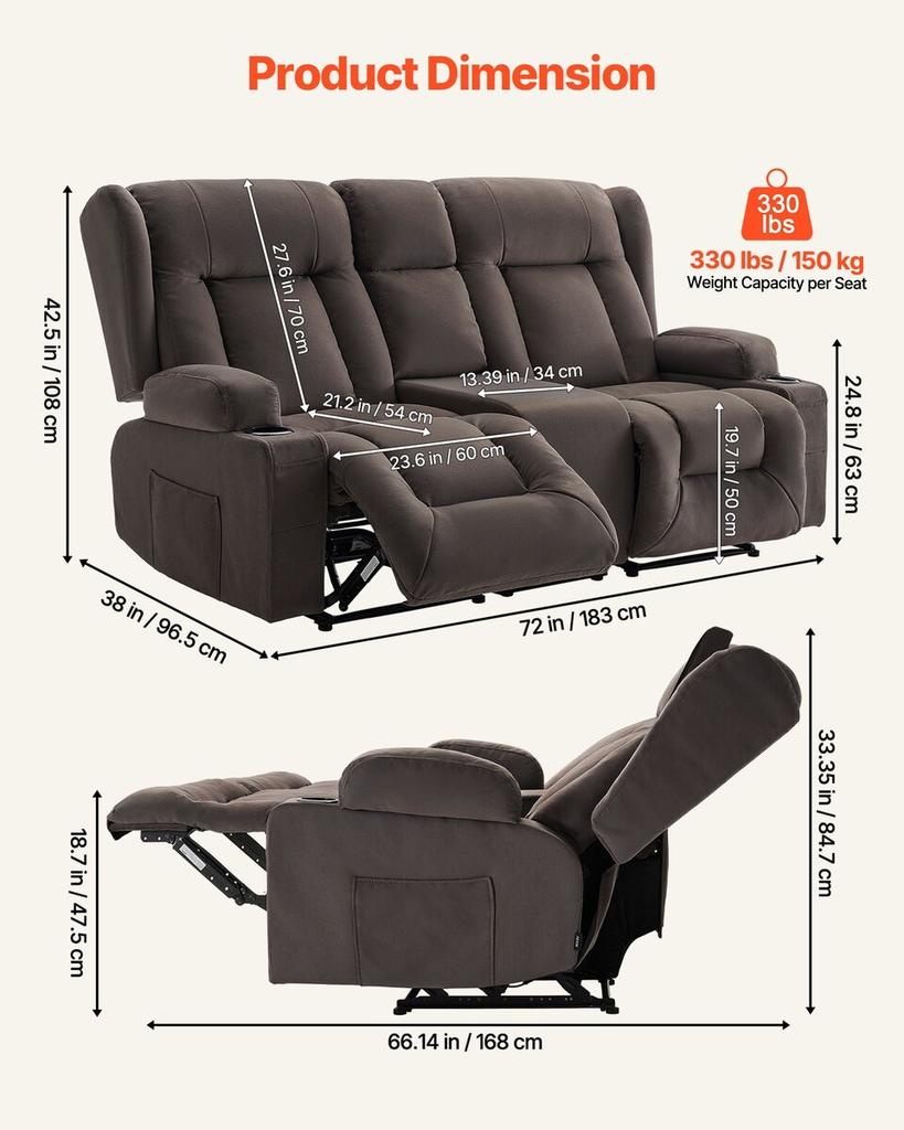 Loveseat Recliner Sofa, Power Reclining Couch with Heating & Massage, Suede Electric Recliner Sofa with Center Console, USB Ports, Cup Holders & Side
